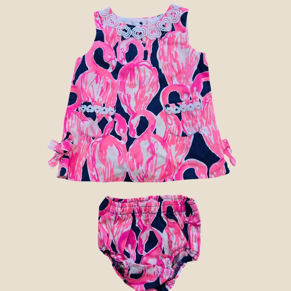 Lilly Pulitzer Baby Girls Pink Flamingo Shift Dress and Bloomers Set 3-6 Months